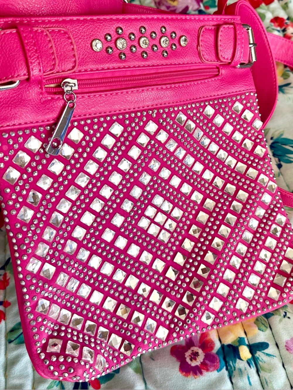 Rhinestone Studded Hot Pink Crossbody Bag - Fashionable Women's Bag